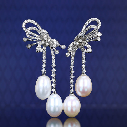 Micro-setting Fresh water pearls Lab created stones butterflies tassel earrings, sterling silver.