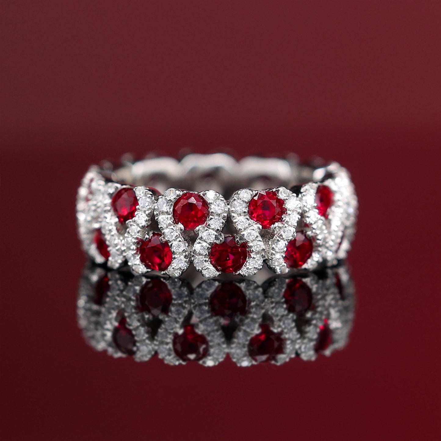 Micro-setting ruby color Lab created stones refined scholars ring, sterling silver