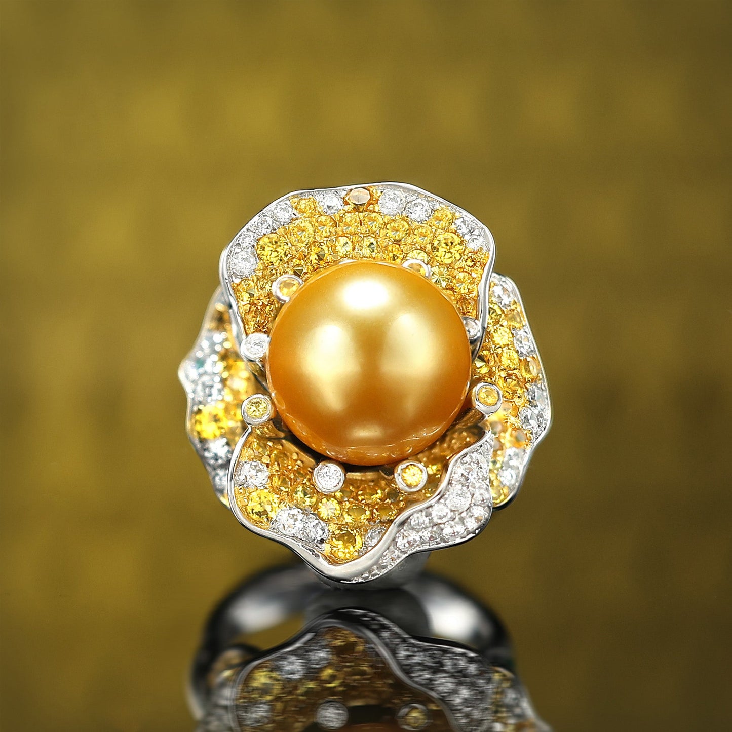 Micro-setting golden shell pearl Lab created stones abundant wealth ring, sterling silver.