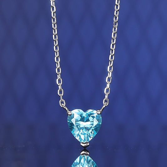 Micro-setting Aquamarine color Lab created stones small heart shape necklace, sterling silver