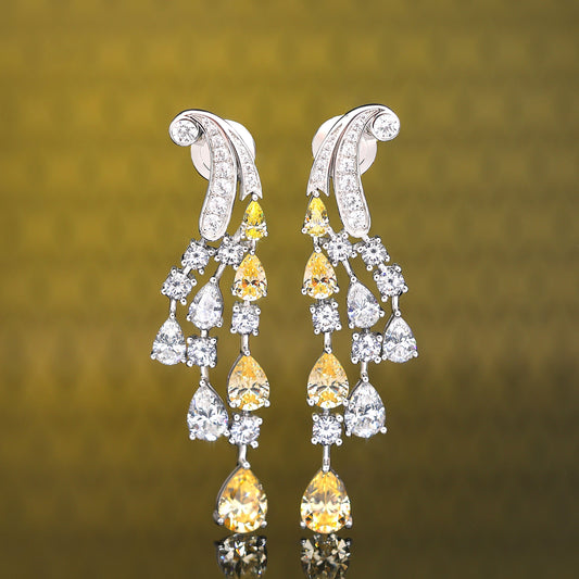 Micro-setting Yellow and white diamonds color Lab created stones teardrop earrings, sterling silver