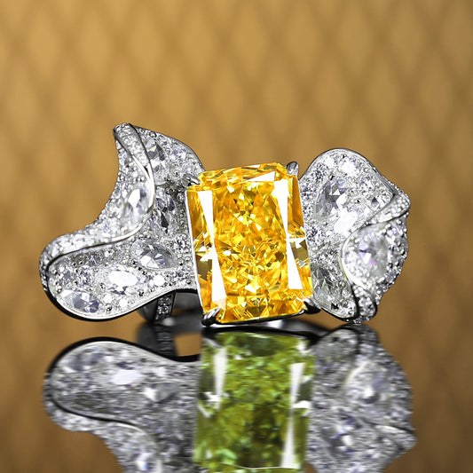 Micro-setting Yellow diamond color Lab created stones fancy butterfly ring, sterling silver #1196