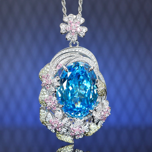 Limited edition Micro-setting Paraiba color lab created stones The gardens of Versailles pigeon egg pendant, sterling silver