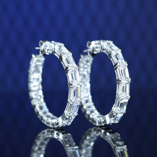 Micro-setting Emerald cut lab created stones ear loop, sterling silver