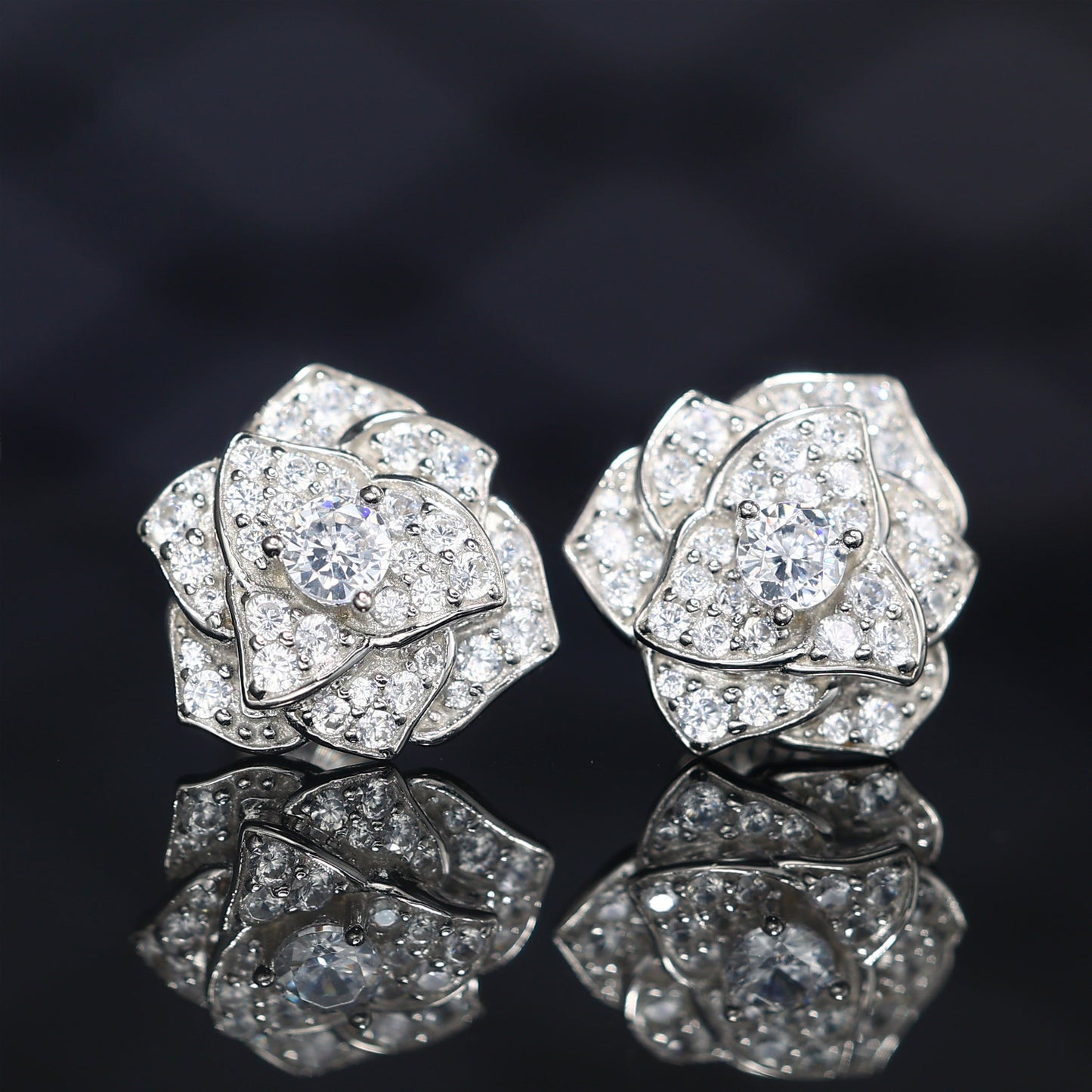 Micro-setting Lab created stones Camellia ear studs, sterling silver