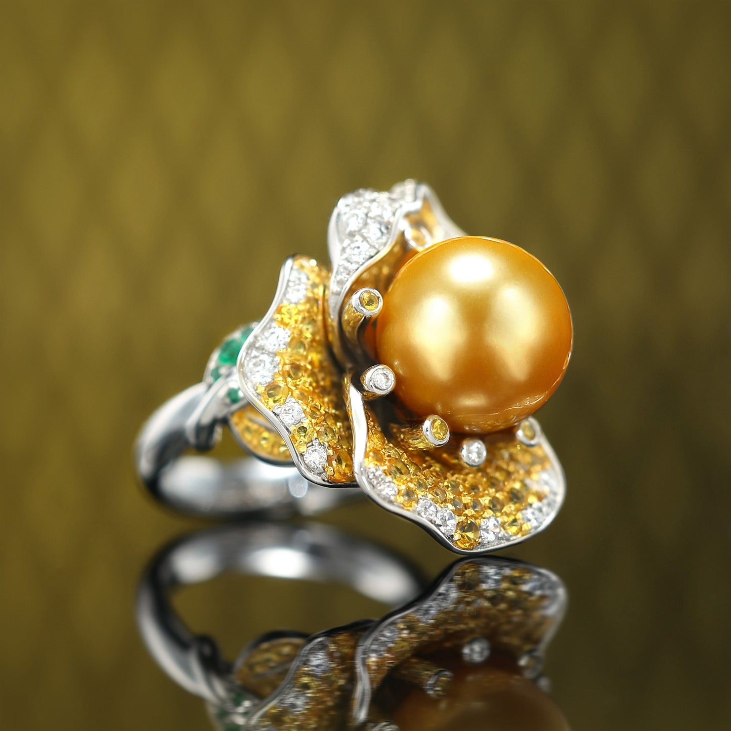 Micro-setting golden shell pearl Lab created stones abundant wealth ring, sterling silver.