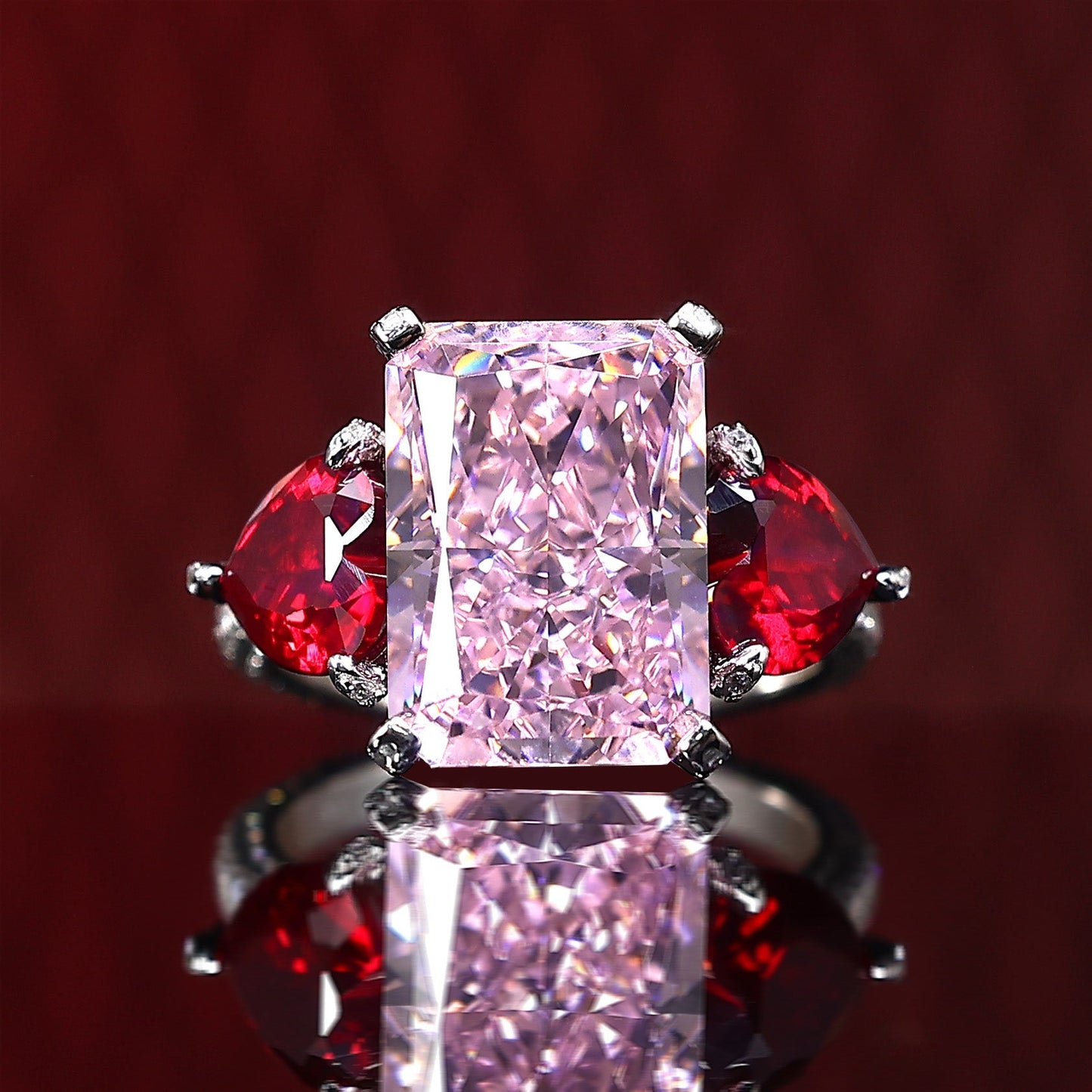 Micro-setting Pink diamond color Lab created stones 2 drops of blood ring, sterling silver