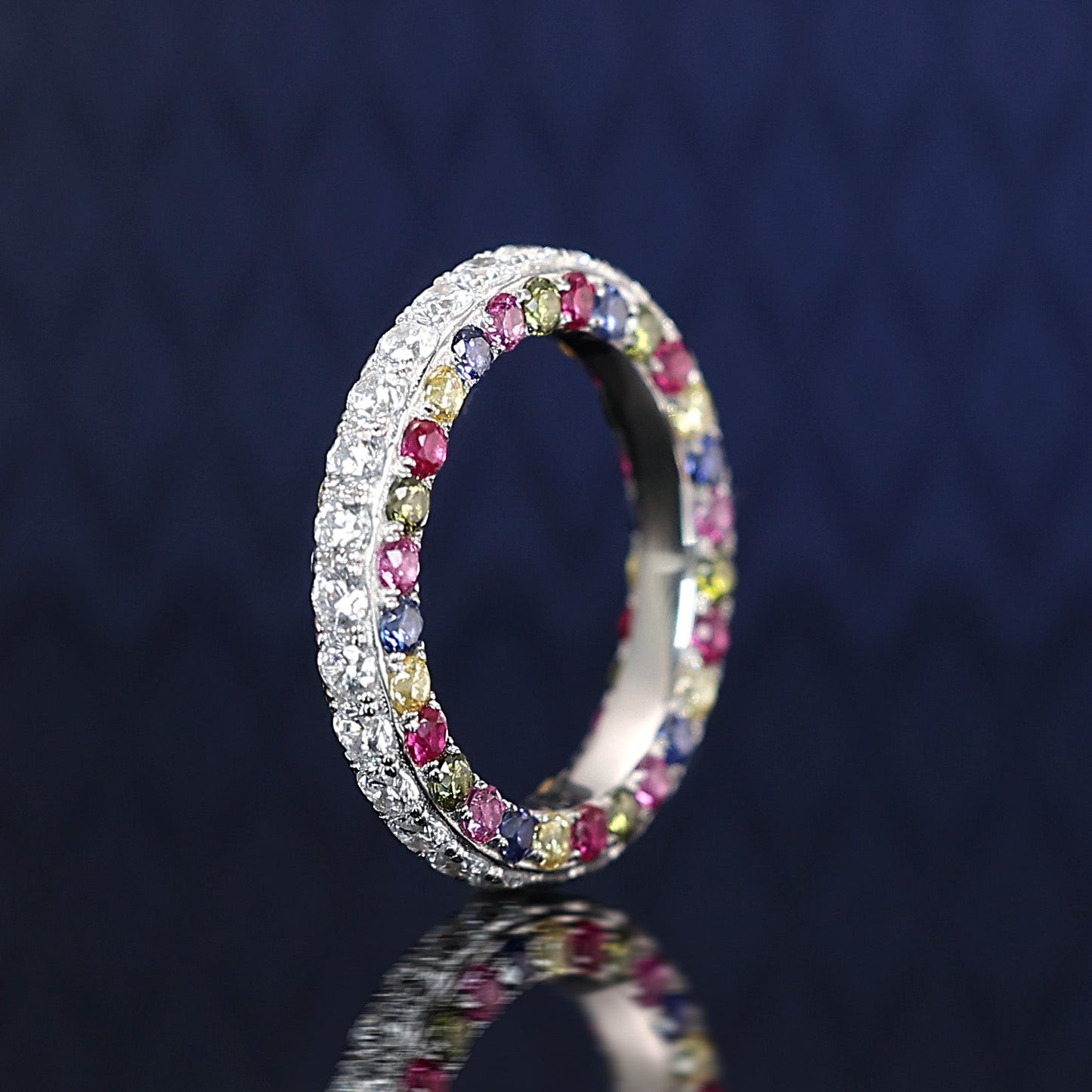 Micro-setting mixed colors lab created stones Colorful auspicious clouds band ring, sterling silver