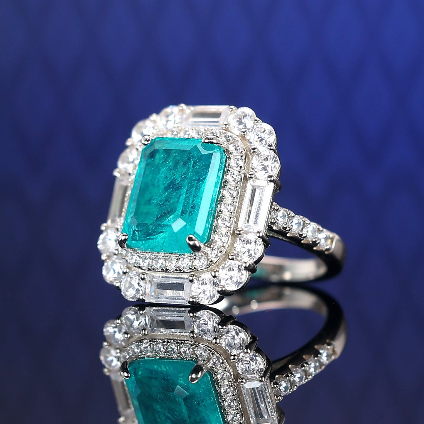 Special offer Micro-setting Paraiba color Lab created stones luxurious rectangular ring, sterling silver