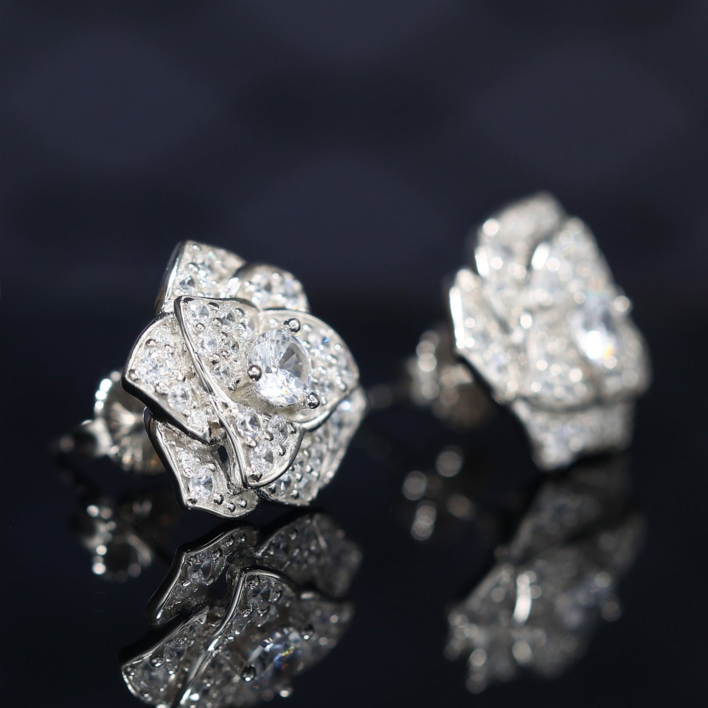 Micro-setting Lab created stones Camellia ear studs, sterling silver