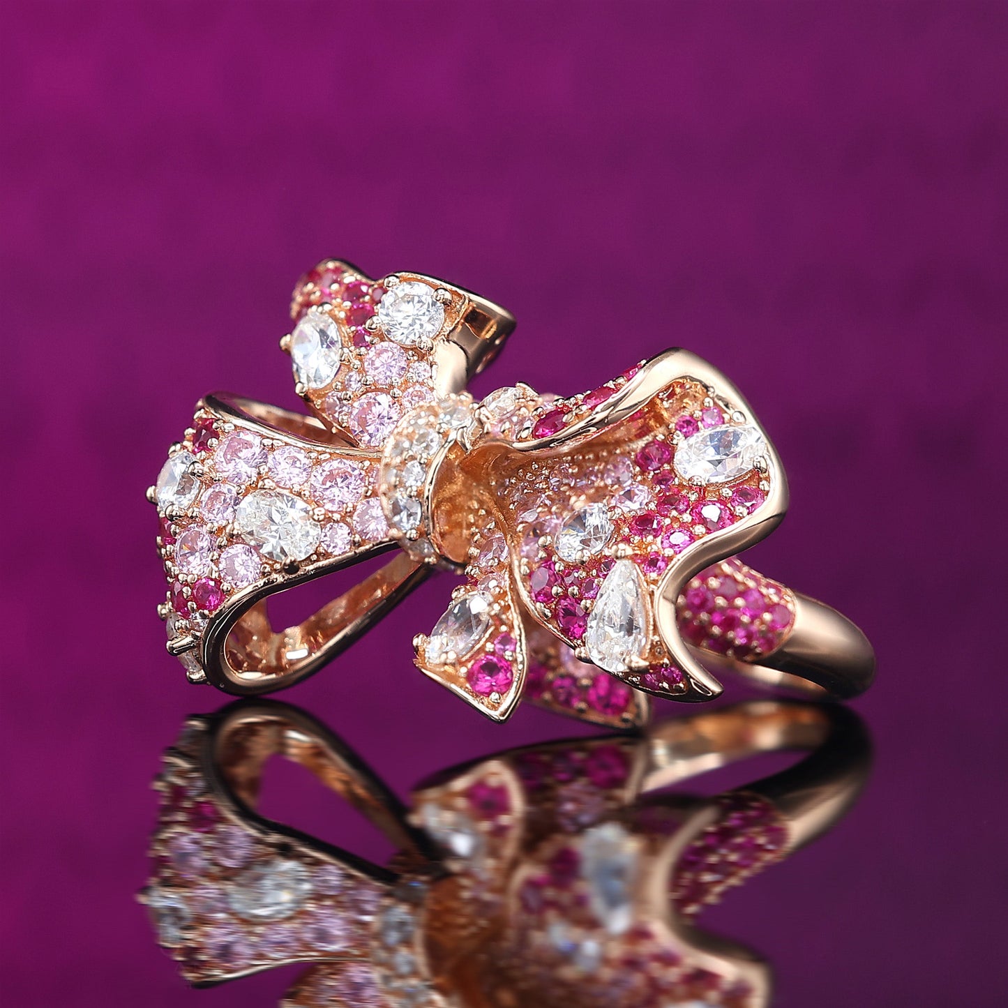 Micro-setting mixed color Lab created stones Love of Butterfly rose-gold platting ring, sterling silver