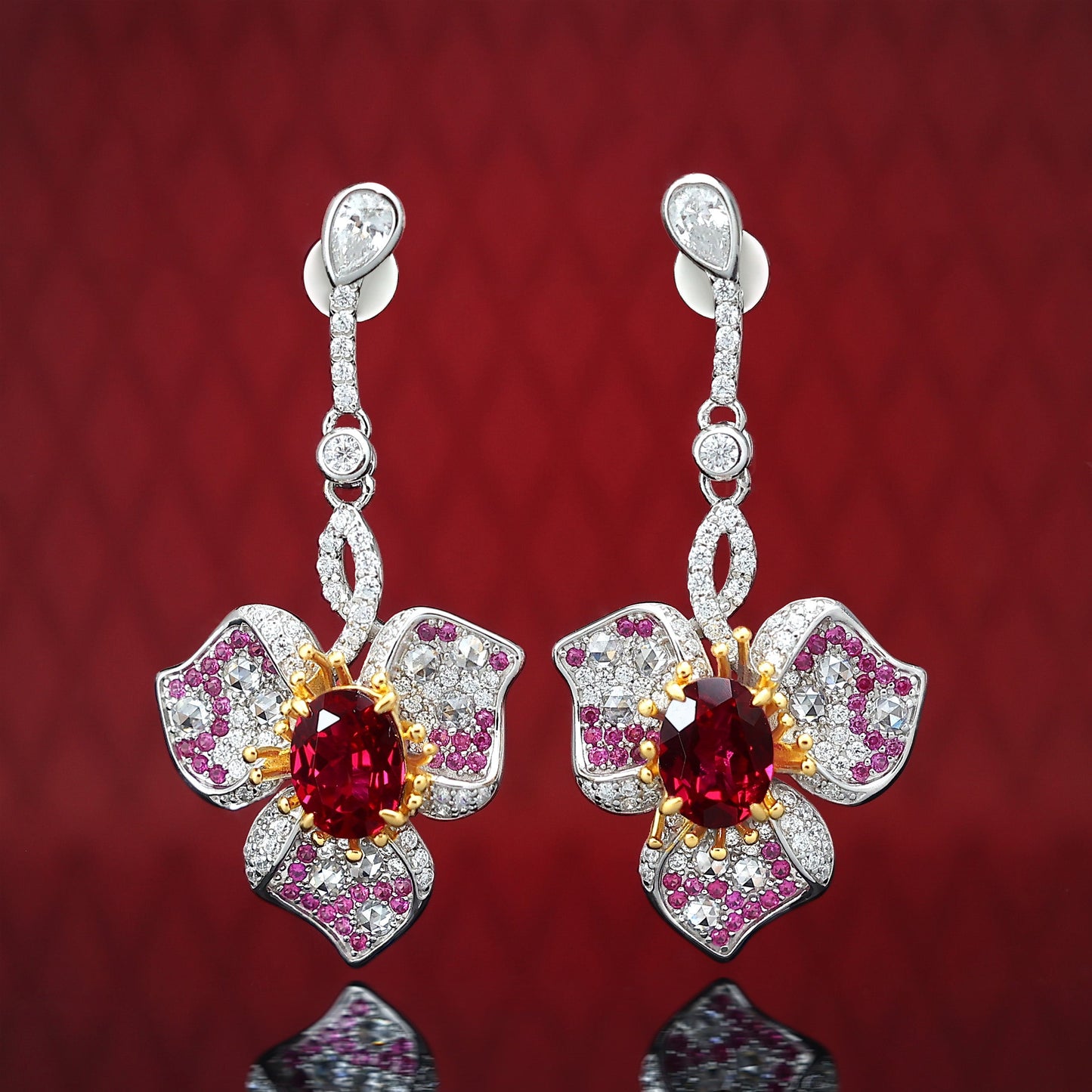 Limited edition Micro-setting Ruby and Pink diamond color Lab created stones 3 petals fancy earrings, sterling silver