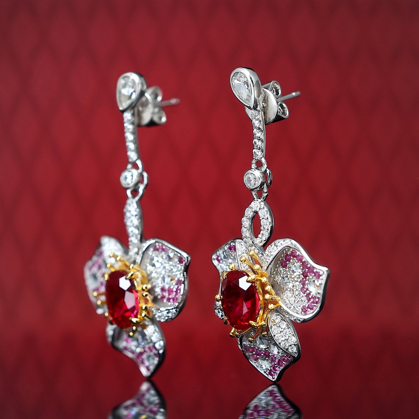 Limited edition Micro-setting Ruby and Pink diamond color Lab created stones 3 petals fancy earrings, sterling silver