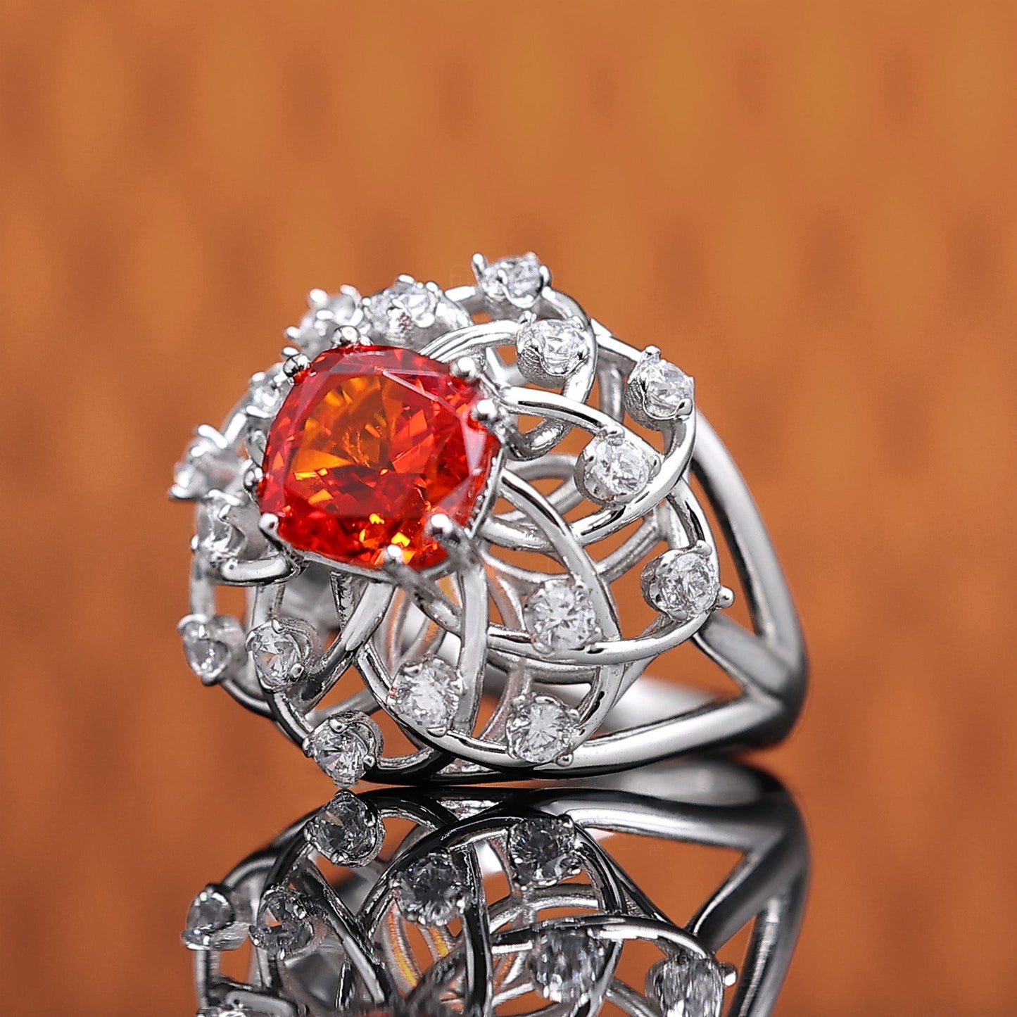 Micro-setting dark Fanta color Lab created stones fancy ring, sterling silver