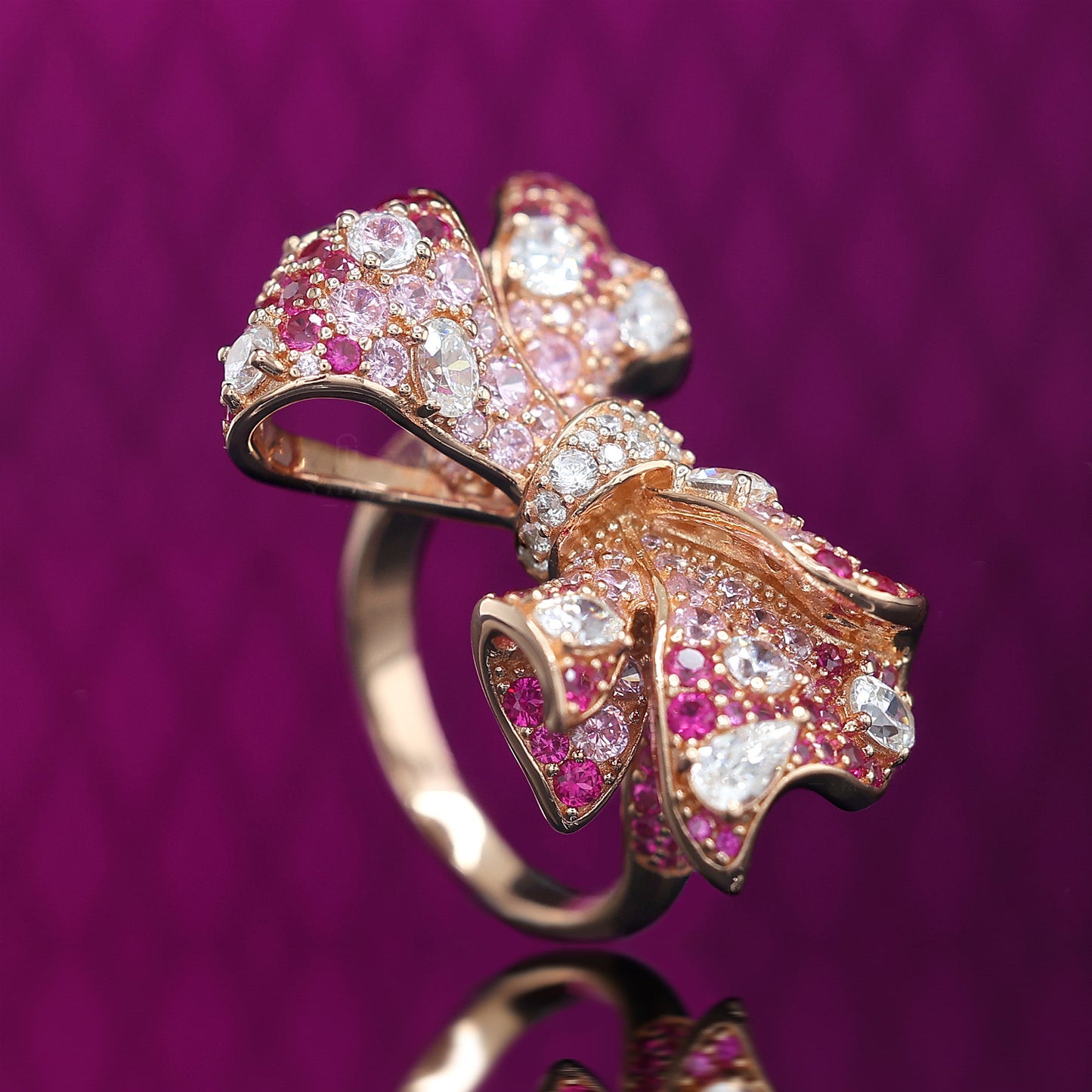 Micro-setting mixed color Lab created stones Love of Butterfly rose-gold platting ring, sterling silver