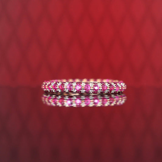 Micro-setting rose color Lab created stones fully studded ring band, sterling silver