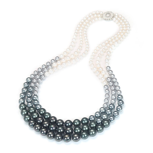 Micro-setting lab created stones white to grey high grade Shell Pearls Gradient necklace, sterling silver