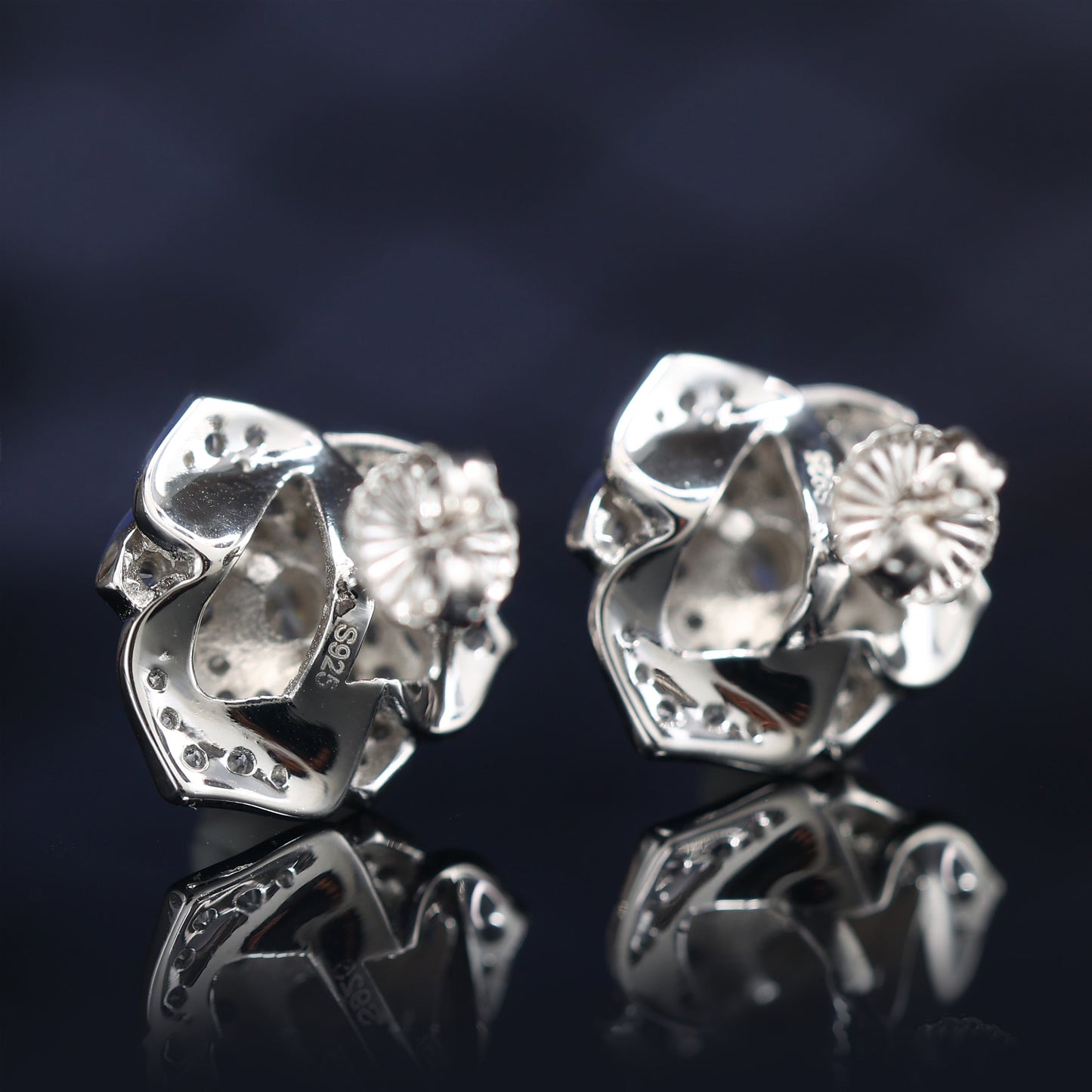 Micro-setting Lab created stones Camellia ear studs, sterling silver