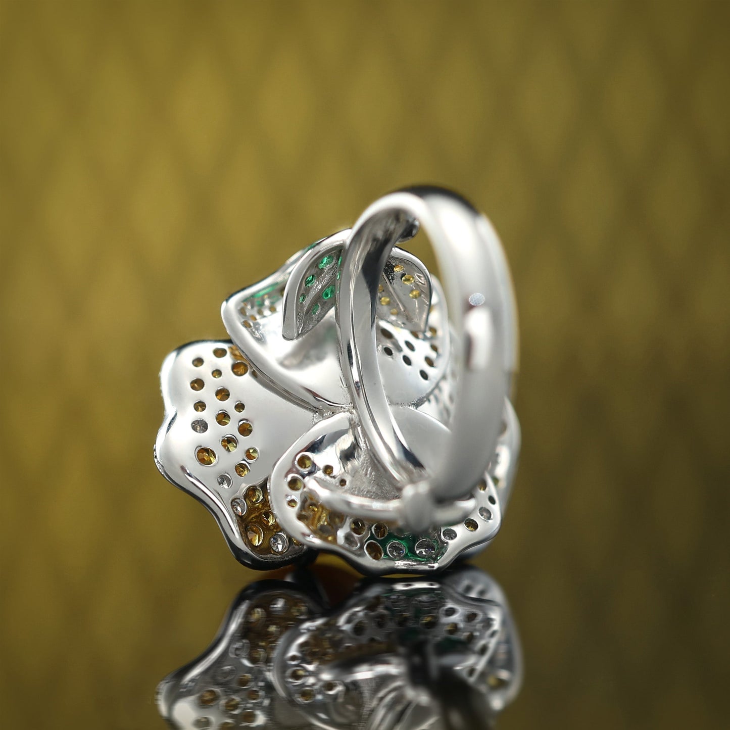 Micro-setting golden shell pearl Lab created stones abundant wealth ring, sterling silver.