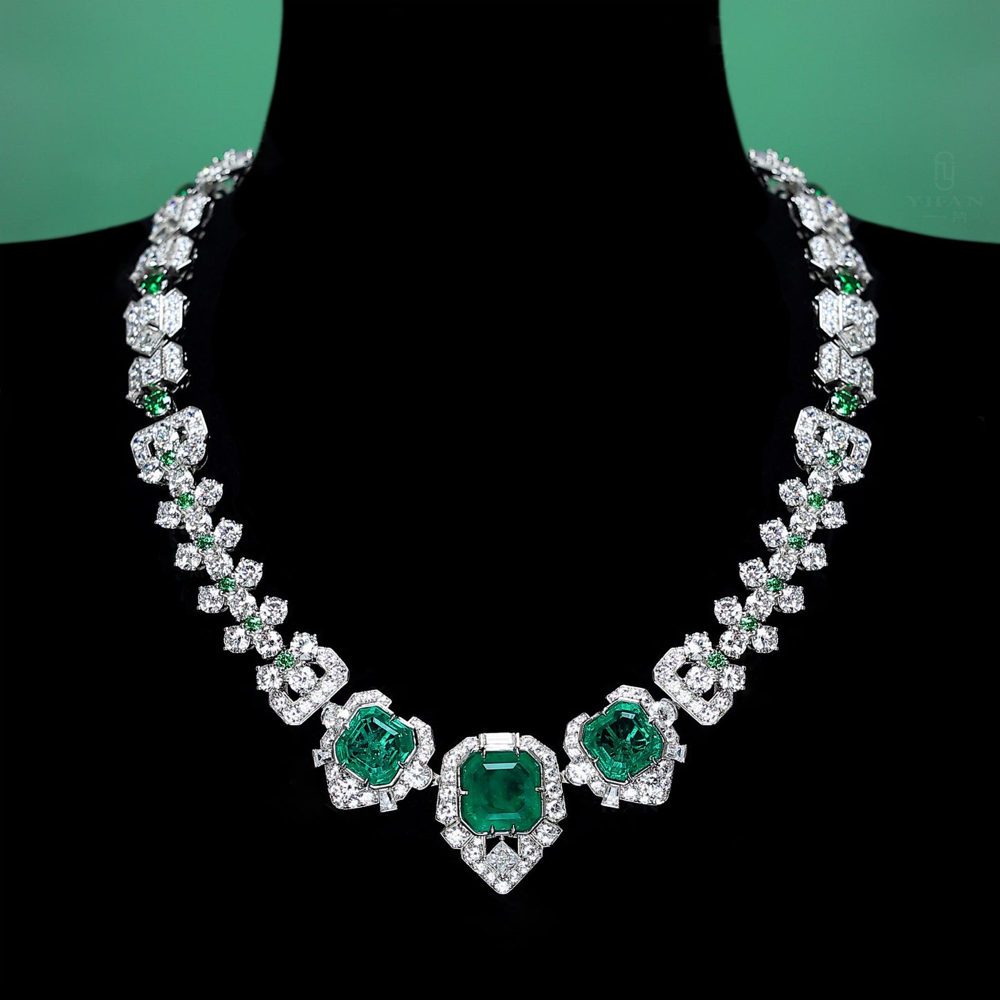 Micro-setting Emerald color Lab created stones fully studded 3 tones fancy necklace, sterling silver