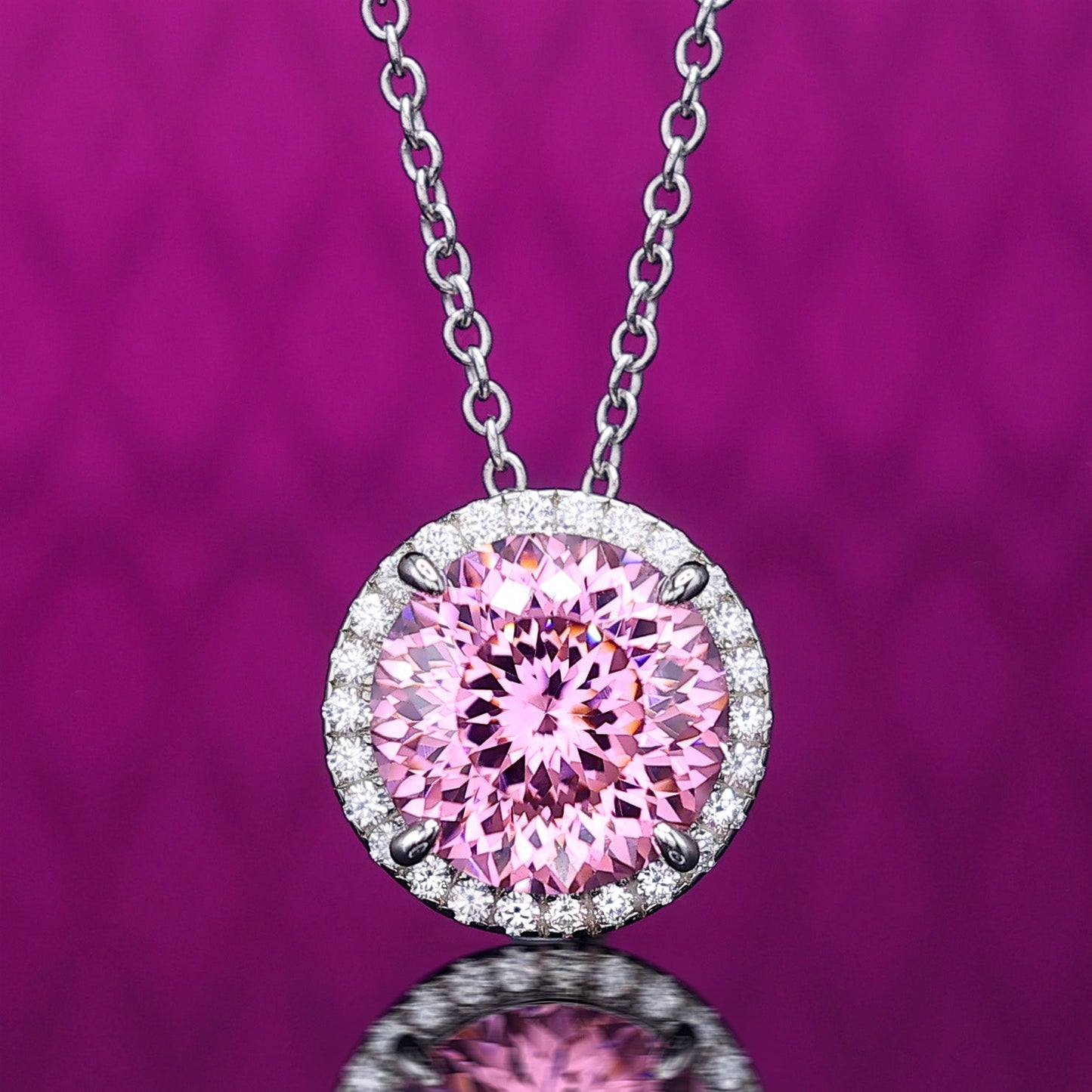 Micro-setting Pink diamond color Firework cut Lab created stones round shape necklace, sterling silver, (5 carat)