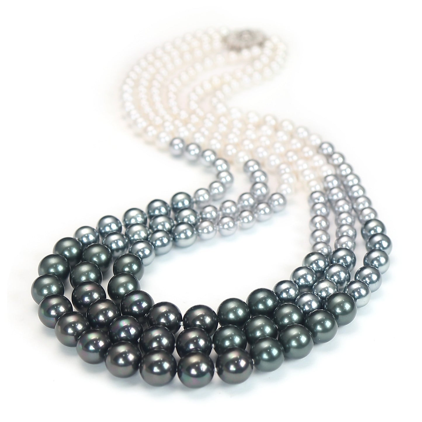 Micro-setting lab created stones white to grey high grade Shell Pearls Gradient necklace, sterling silver