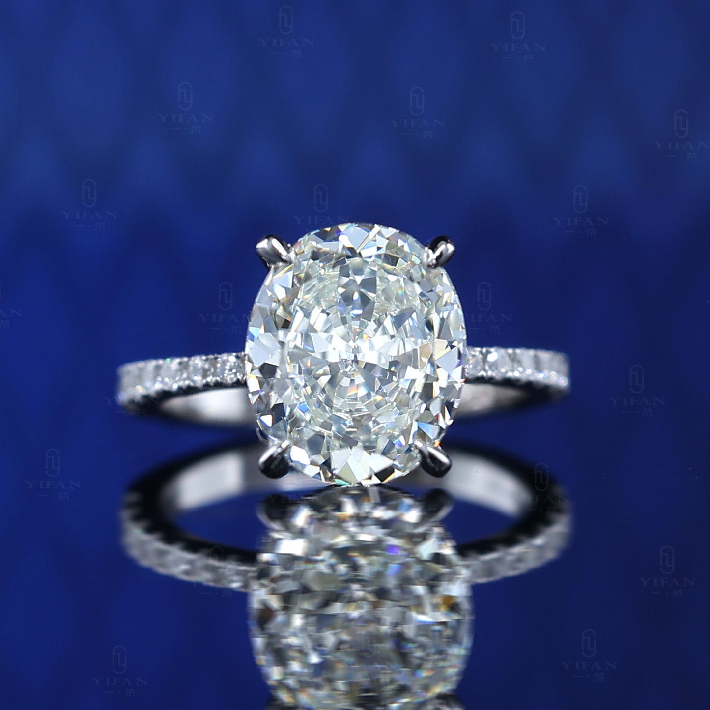 Promotional design Micro-setting Lab created stones Pigeon egg 4 prong ring, sterling silver. (5 carat)