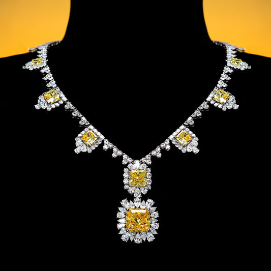 Micro-setting Yellow diamond color Lab created stones Fancy detailed dress necklace, sterling silver