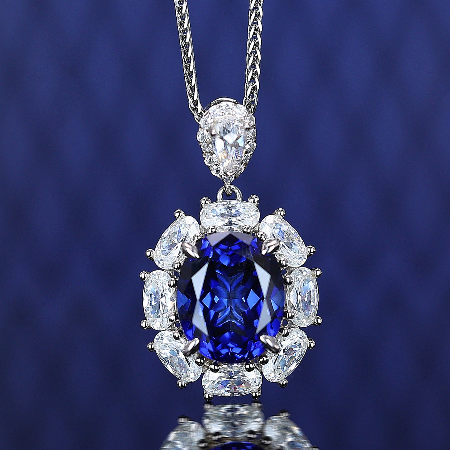 Micro-setting Sapphire color Lab created stones Diana necklace, sterling silver