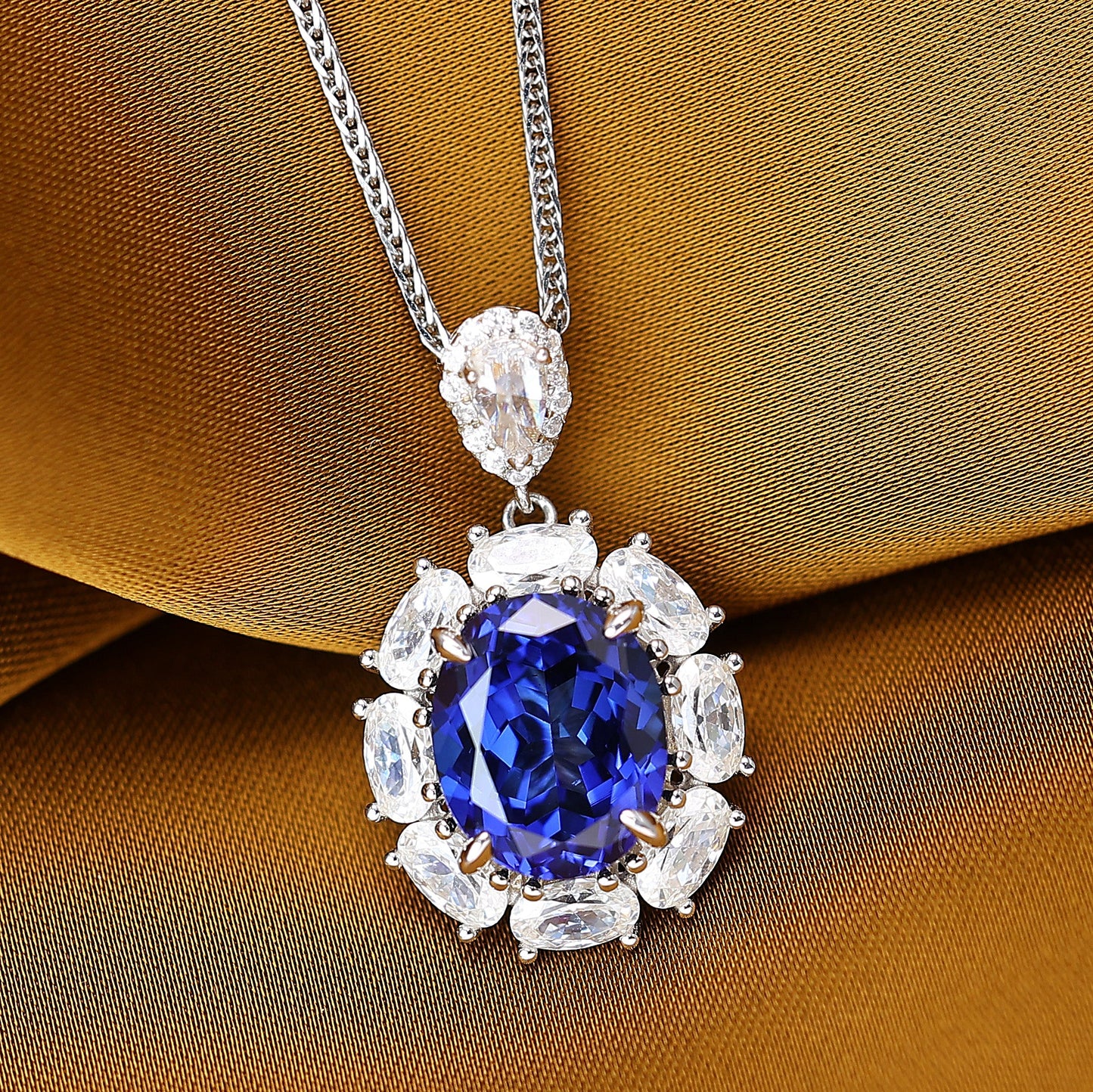 Micro-setting Sapphire color Lab created stones Diana necklace, sterling silver