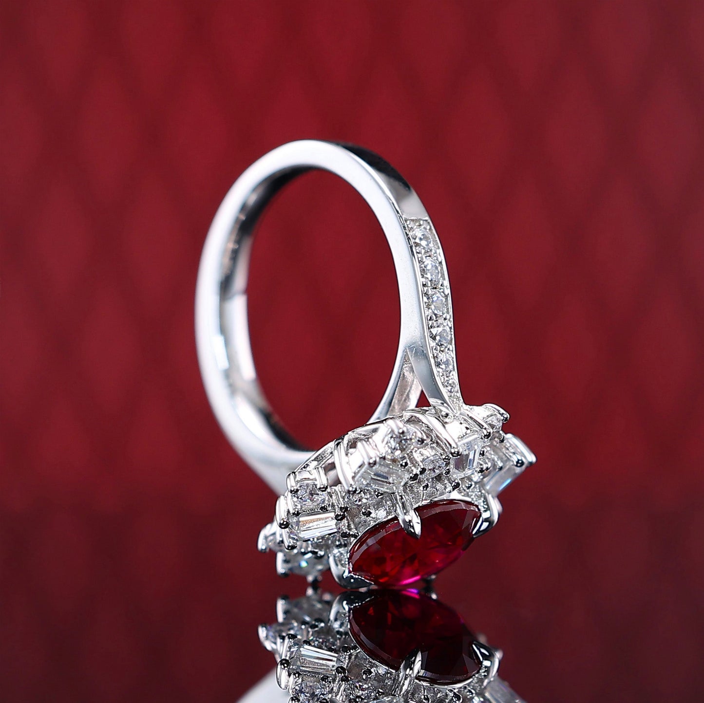 Micro-setting Ruby color irregular detailed ring, sterling silver