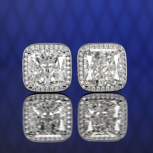Micro-setting G color Ice-cut Lab created stones square shape fully studded ear studs, sterling silver