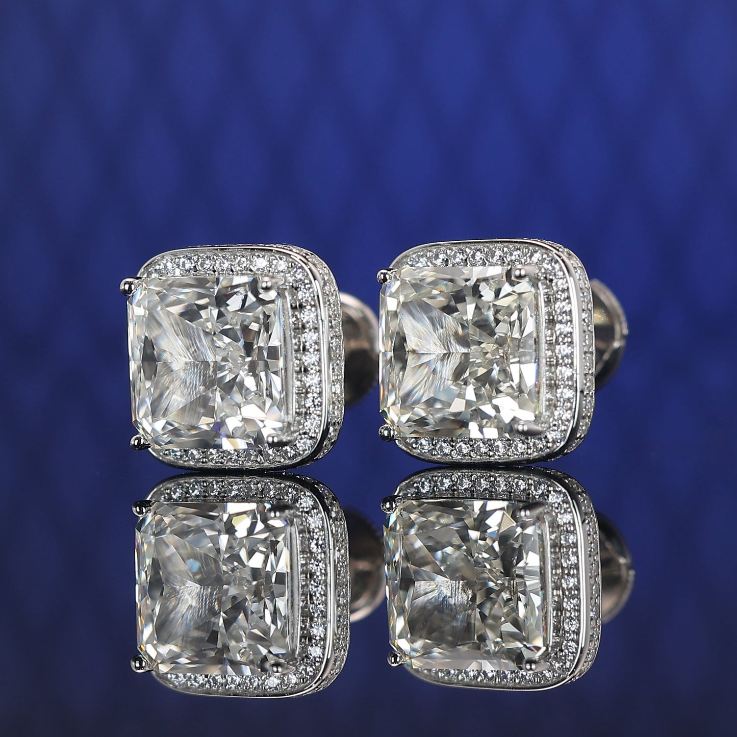 Micro-setting G color Ice-cut Lab created stones square shape fully studded ear studs, sterling silver