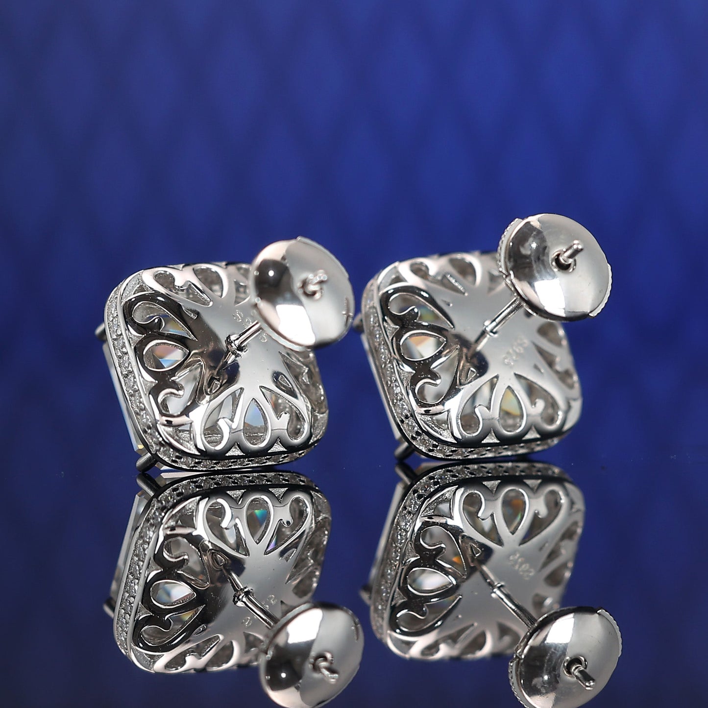 Micro-setting G color Ice-cut Lab created stones square shape fully studded ear studs, sterling silver