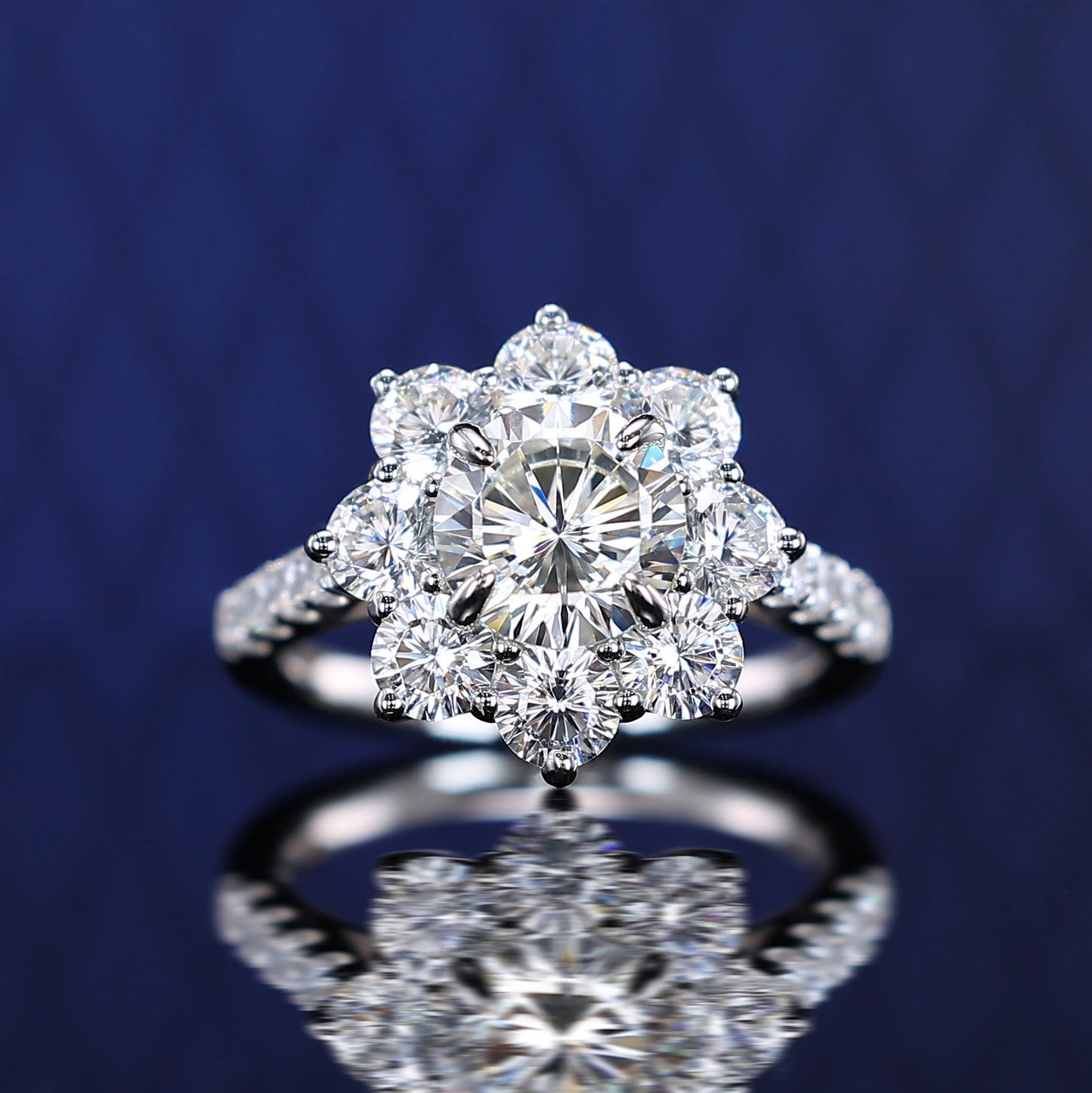 Micro-setting round brilliant cut lab created stones Sunflower ring, sterling silver