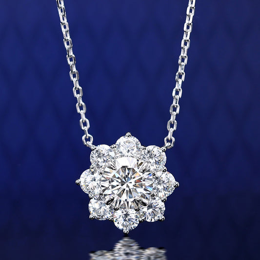 Micro-setting round brilliant cut lab created stones Sunflower necklace, sterling silver.