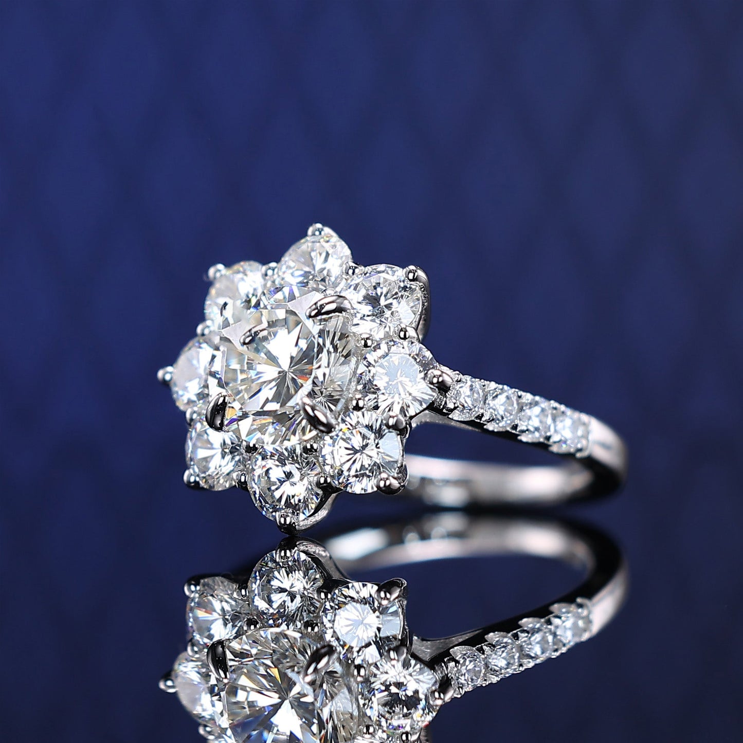 Micro-setting round brilliant cut lab created stones Sunflower ring, sterling silver