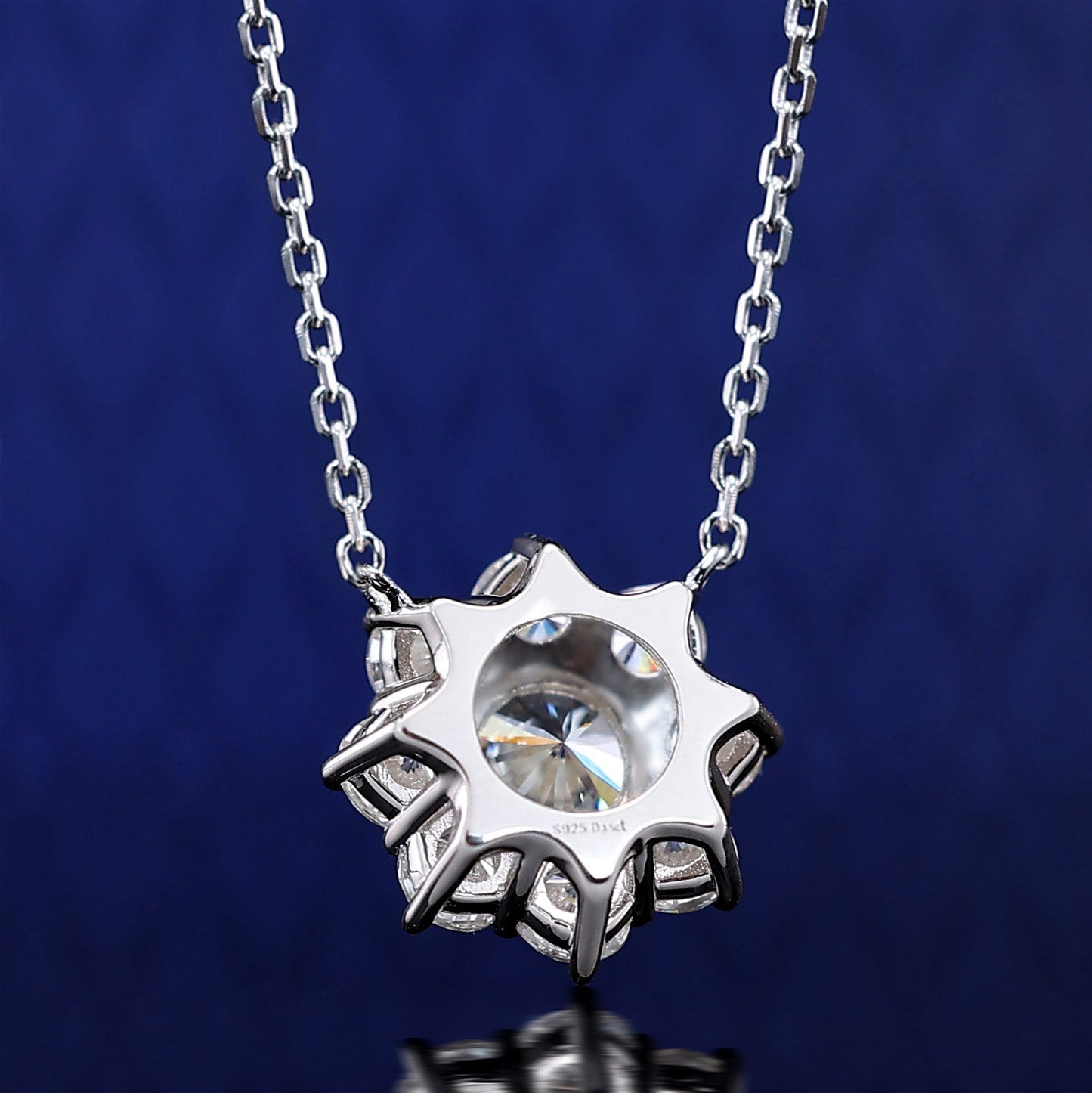 Micro-setting round brilliant cut lab created stones Sunflower necklace, sterling silver.