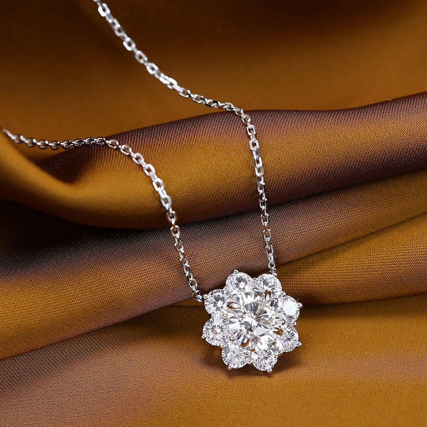 Micro-setting round brilliant cut lab created stones Sunflower necklace, sterling silver.