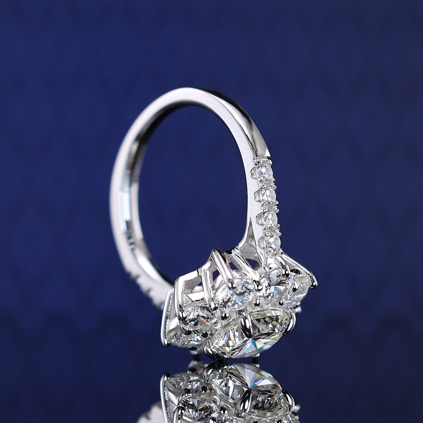 Micro-setting round brilliant cut lab created stones Sunflower ring, sterling silver