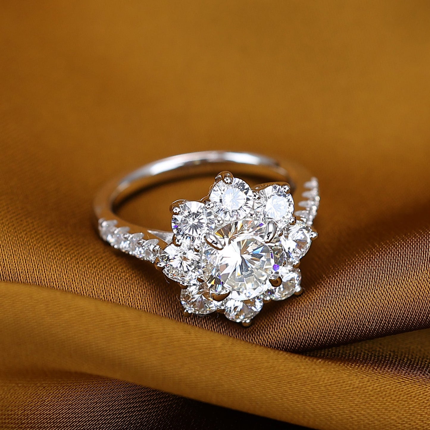 Micro-setting round brilliant cut lab created stones Sunflower ring, sterling silver