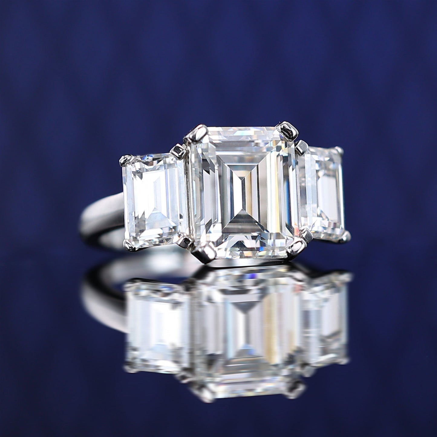 Micro-setting emerald-cut Lab created 3 stones ring, sterling silver