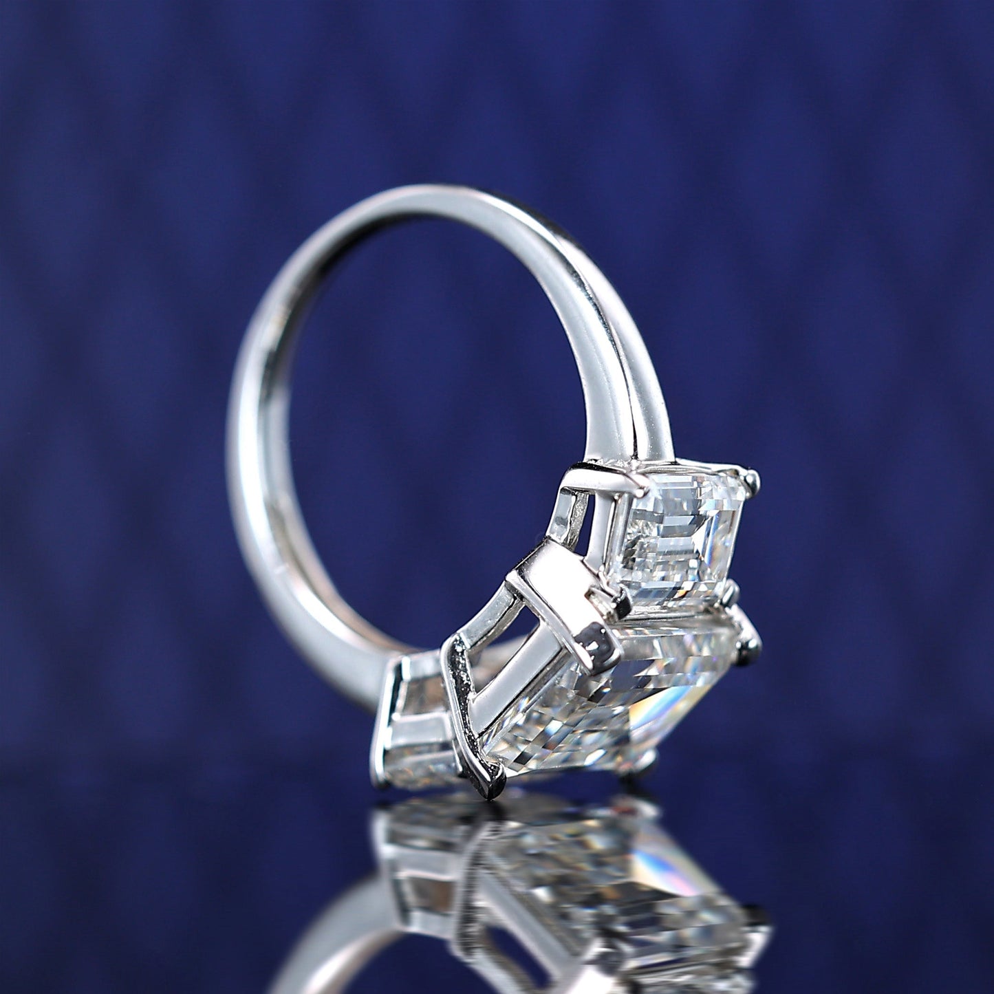 Micro-setting emerald-cut Lab created 3 stones ring, sterling silver