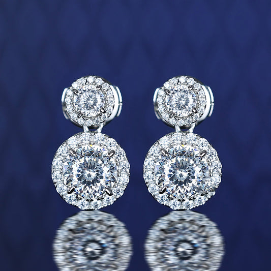 Promotional design Micro-setting Firework-cut Lab created stones big and small round shape earrings, sterling silver