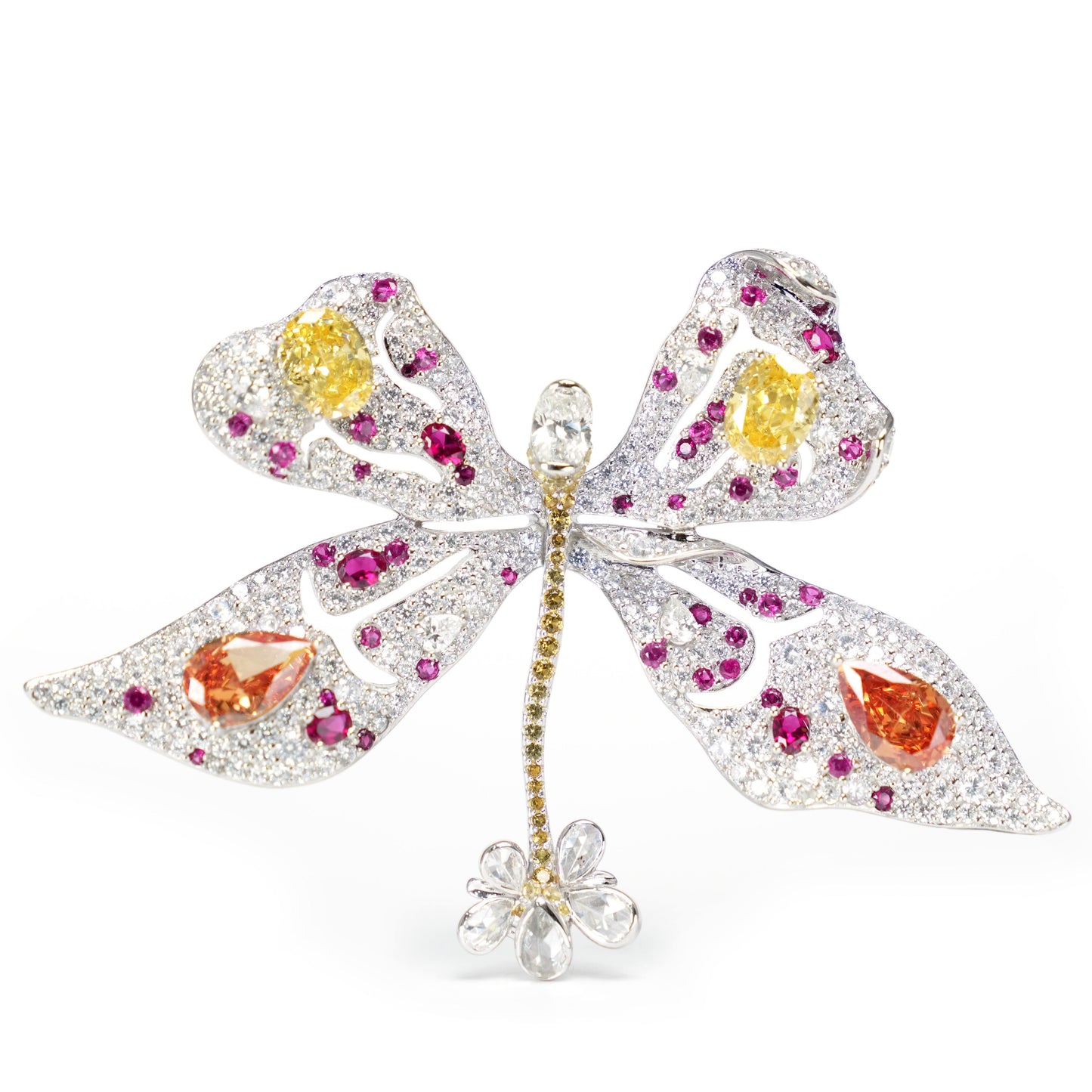 Micro-setting Fancy mixed colors & cutting Dragonfly touch water brooch, sterling silver.