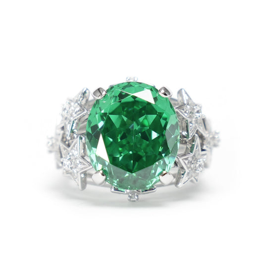 Micro-setting Tsavorite color stars surround the moon ring, sterling silver