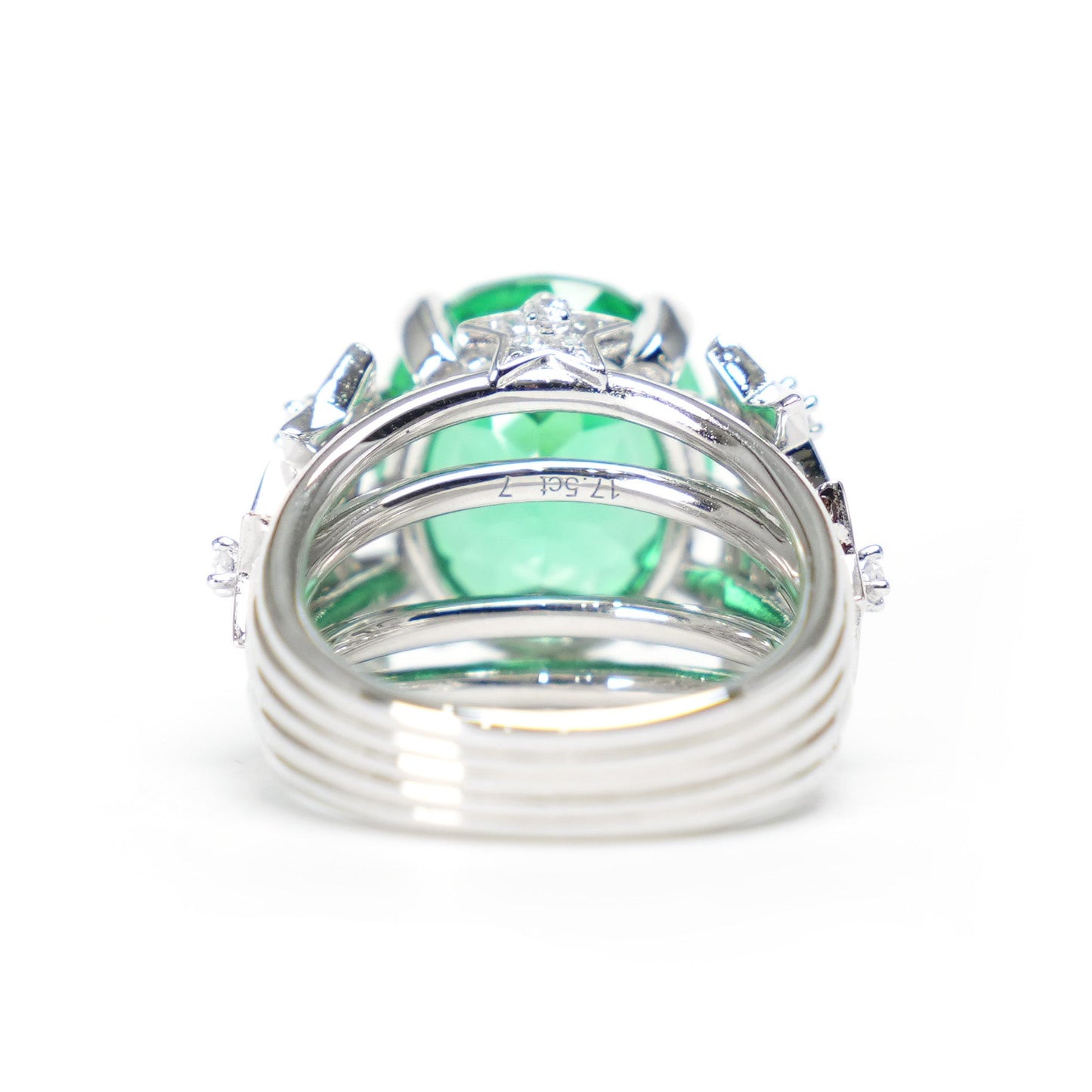 Micro-setting Tsavorite color stars surround the moon ring, sterling silver