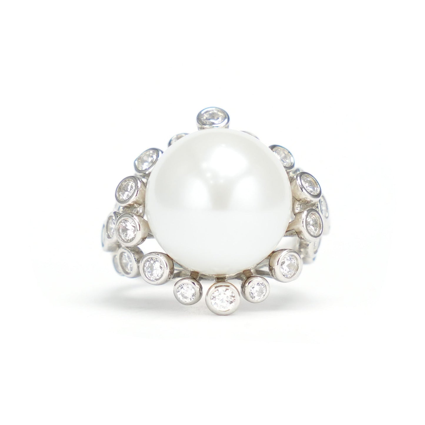 Micro-setting Lab created stones White Shell pearl Ring，sterling silver