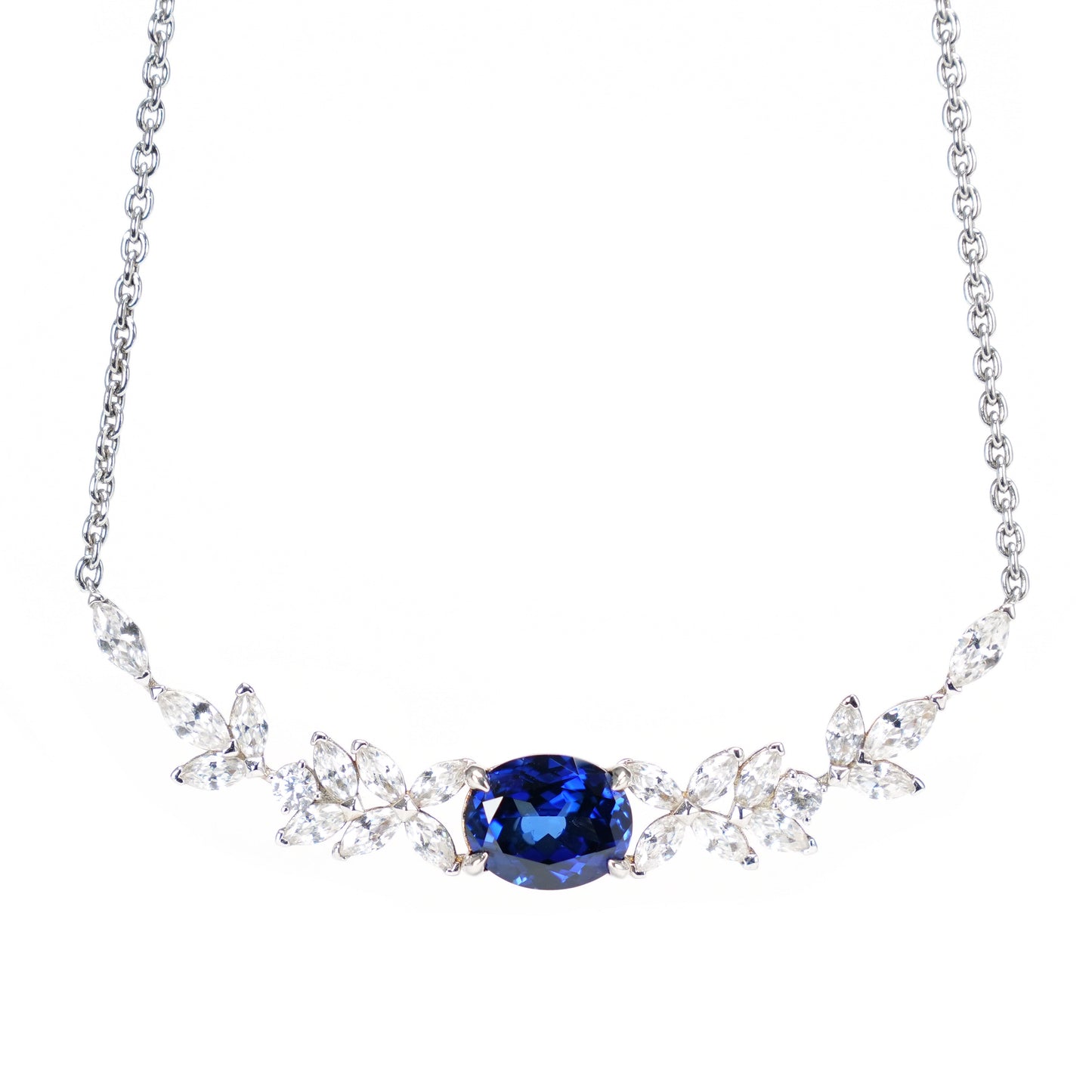 Micro-setting Sapphire color Lab created stones marquise necklace, sterling silver.