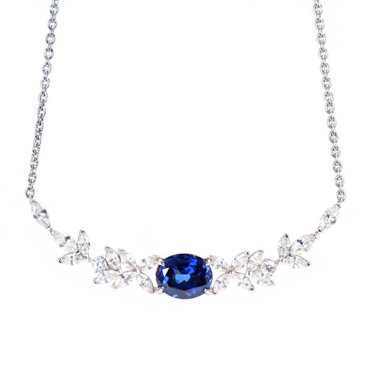 Micro-setting Sapphire color Lab created stones marquise necklace, sterling silver.